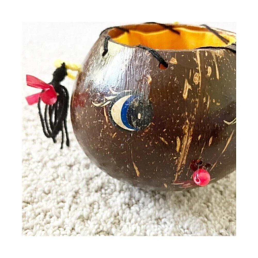 Handmade Coconut Shell Purse Smiley Girl Face Braided Hair Curiosity Oddity